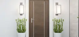 brown door with symmetrical plants and lights on each side