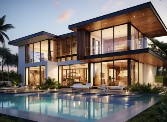 modern home in south florida with several floor to ceiling impact windows and a pool